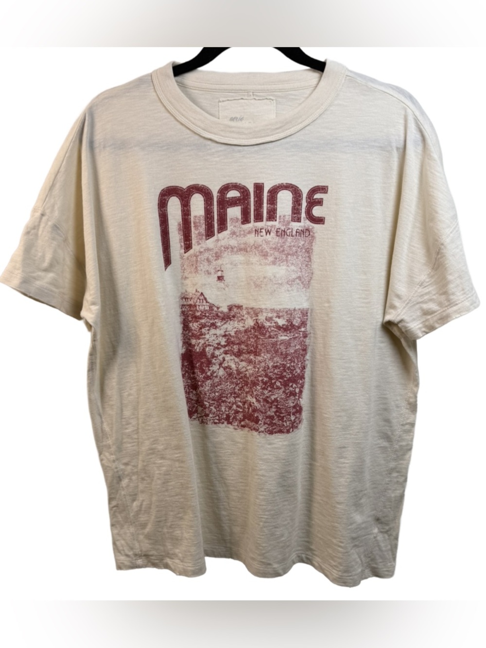 aerie Cream Graphic Maine Tee with Red Print NWOT